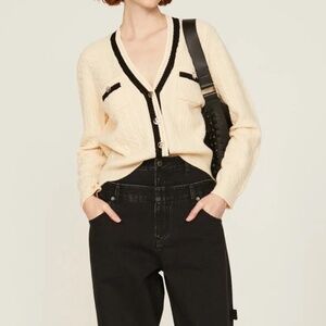 Sandro Mercredi Wool Cashmere Blend Cable Knit Cardigan Cream Black S